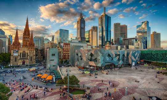 Looking over Fed Square at sunset